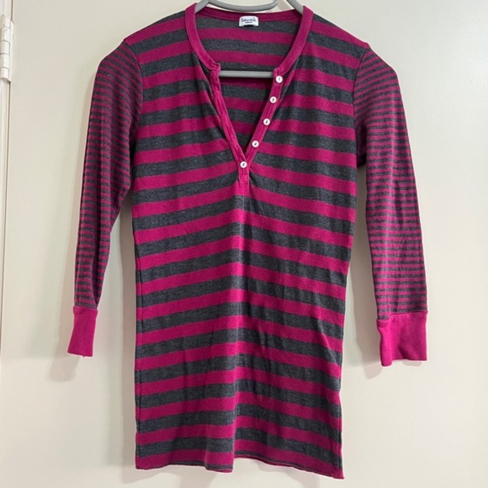 Splendid Womens Striped Henley Thermal‎ Top Medium Long Pink Gray Bella Swan Y2K